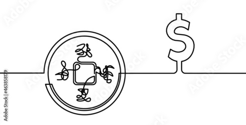 Abstract chinese coin as continuous lines drawing on white background. Vector