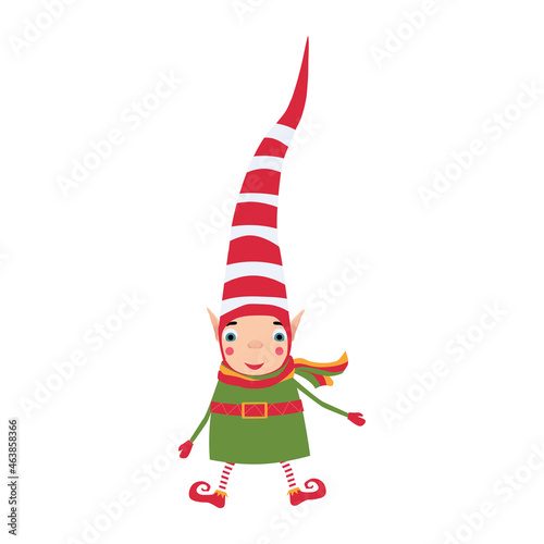 A Christmas elf in a red striped hat smiles. Adorable new year childrens illustration © Morgan Ph