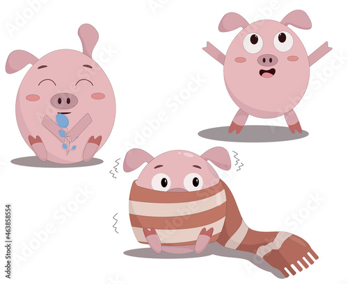 three little pigs, one with berries, the other in a scarf and the last one just enjoys life
