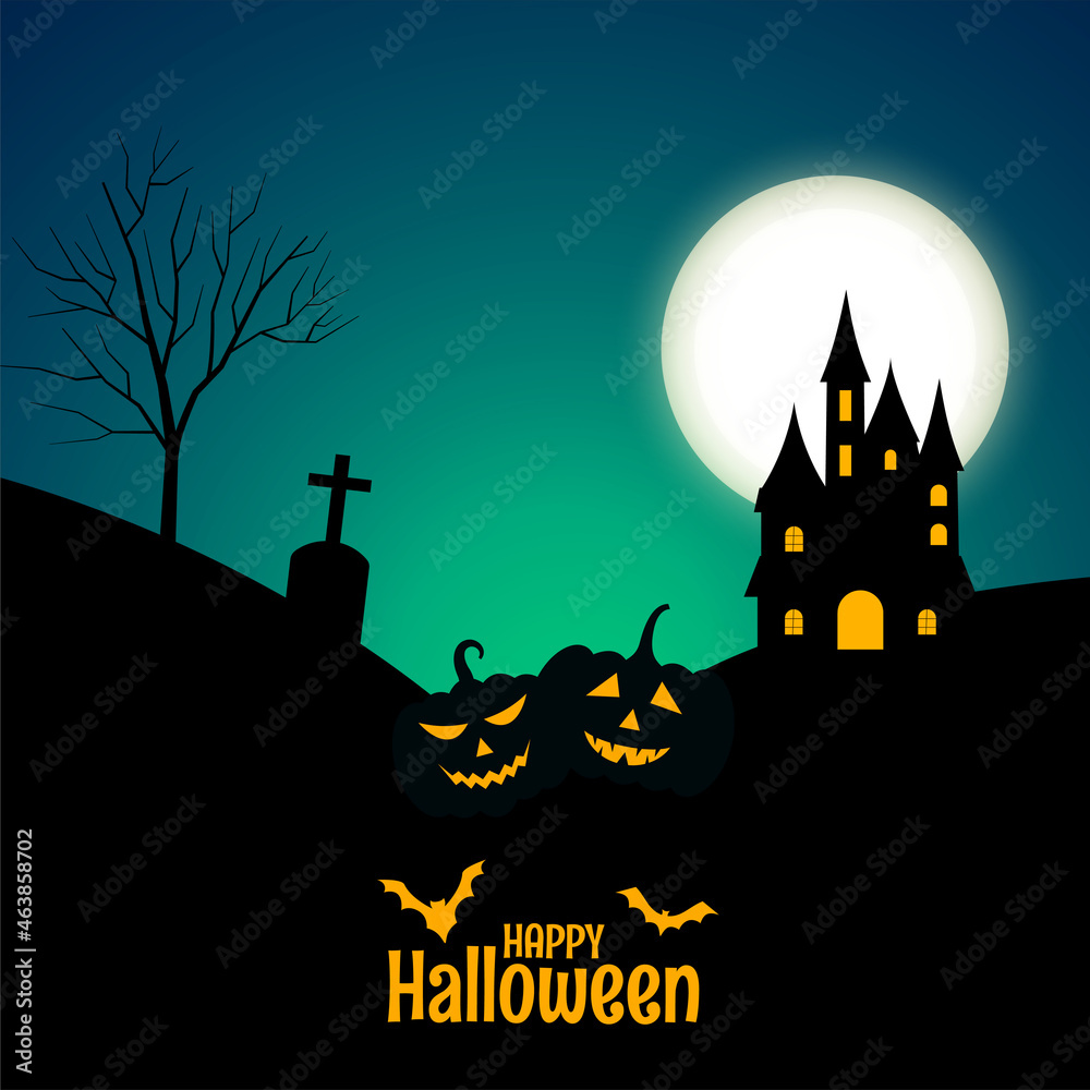 happy halloween banner with castle and pumpkins - obrazy, fototapety, plakaty 
