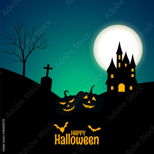 happy halloween banner with castle and pumpkins
