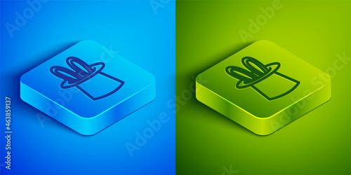 Isometric line Magician hat and rabbit ears icon isolated on blue and green background. Magic trick. Mystery entertainment concept. Square button. Vector