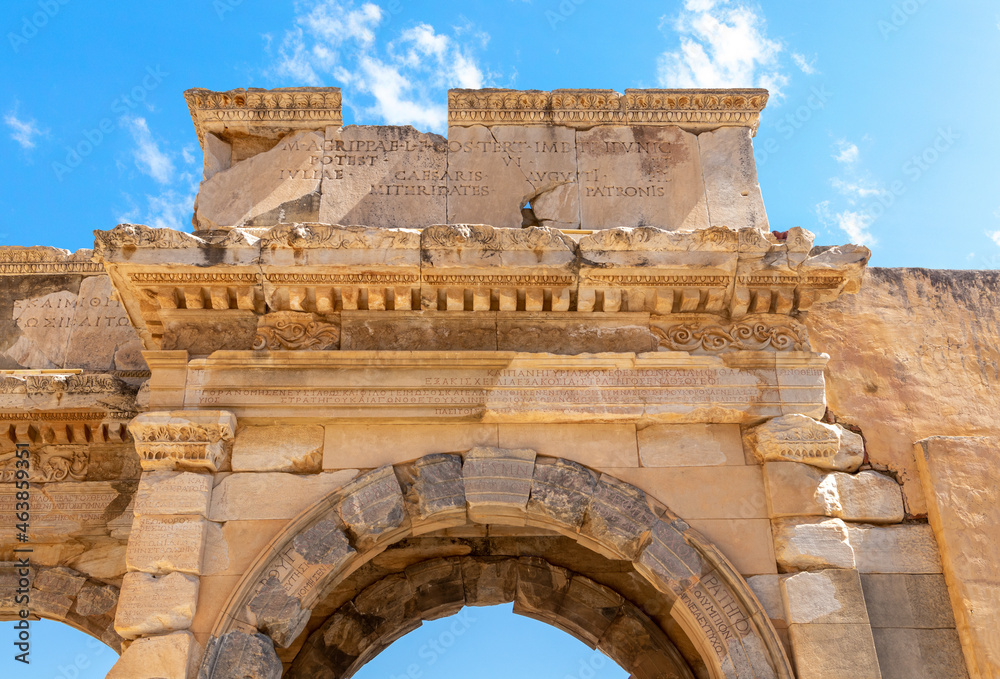 Close up photo of gate between Market Place and Celsius Library in Ephesus ancient city.