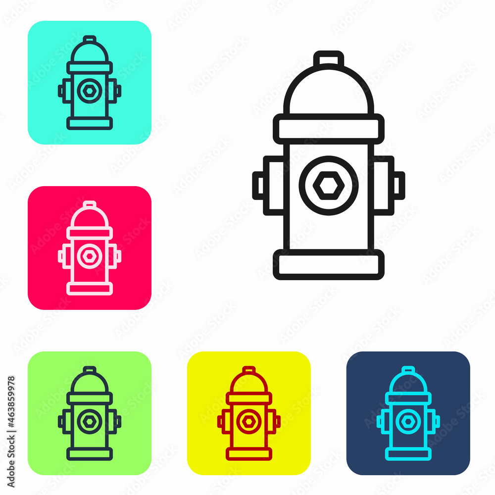 Black line Fire hydrant icon isolated on white background. Set icons in color square buttons. Vector Black line Fire hydrant icon isolated on white background. Set icons in color square buttons. Vector