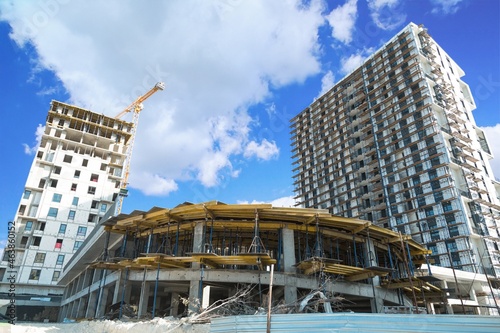 Lots of tower Construction site with cranes and building with blue sky background