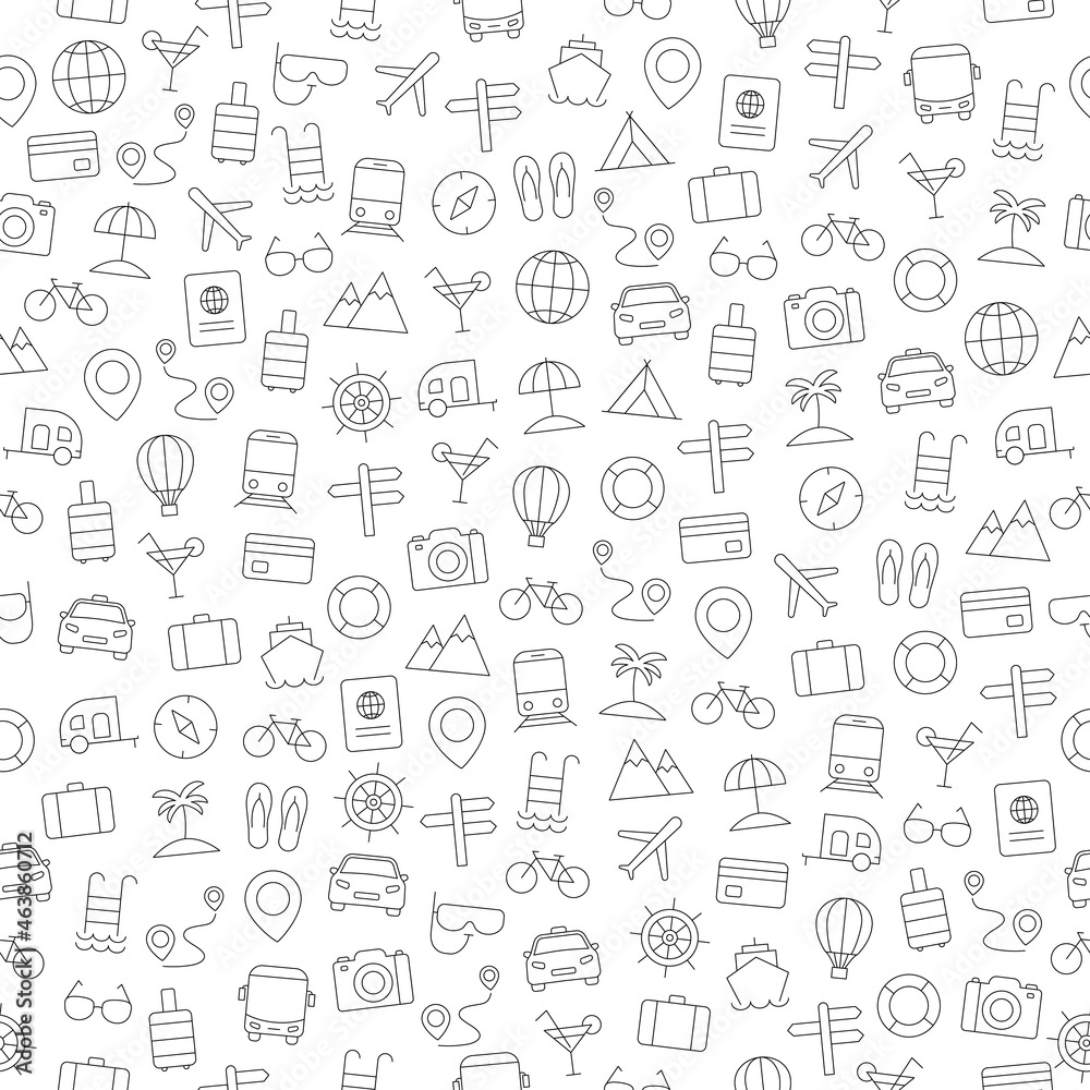 Seamless pattern of travel and vocation line icons. Holidays concept. Vector illustration
