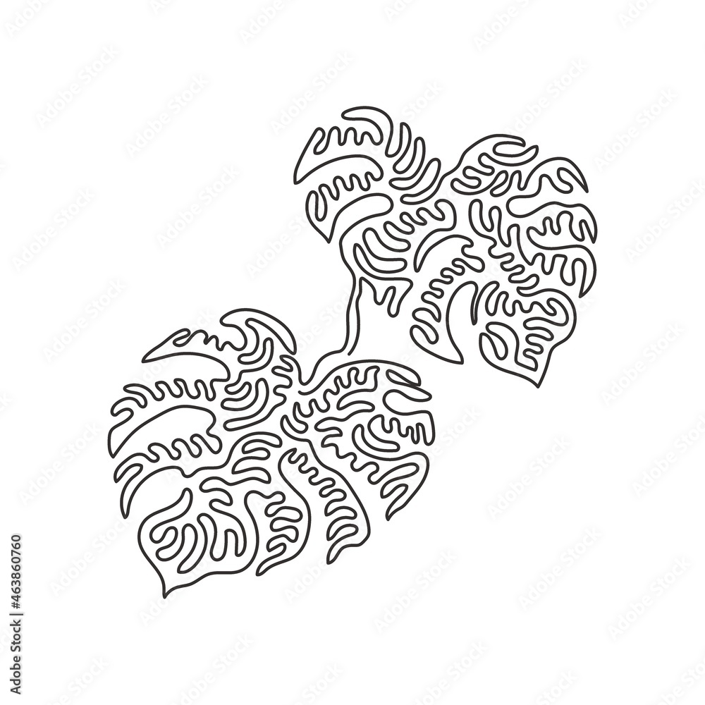 Single one line drawing monstera leaf. Tropical leaves minimalistic style, abstract floral pattern concept for poster, wall decor print. Swirl curl style. Continuous line design vector illustration Single one line drawing monstera leaf. Tropical leaves minimalistic style, abstract floral pattern concept for poster, wall decor print. Swirl curl style. Continuous line design vector illustration