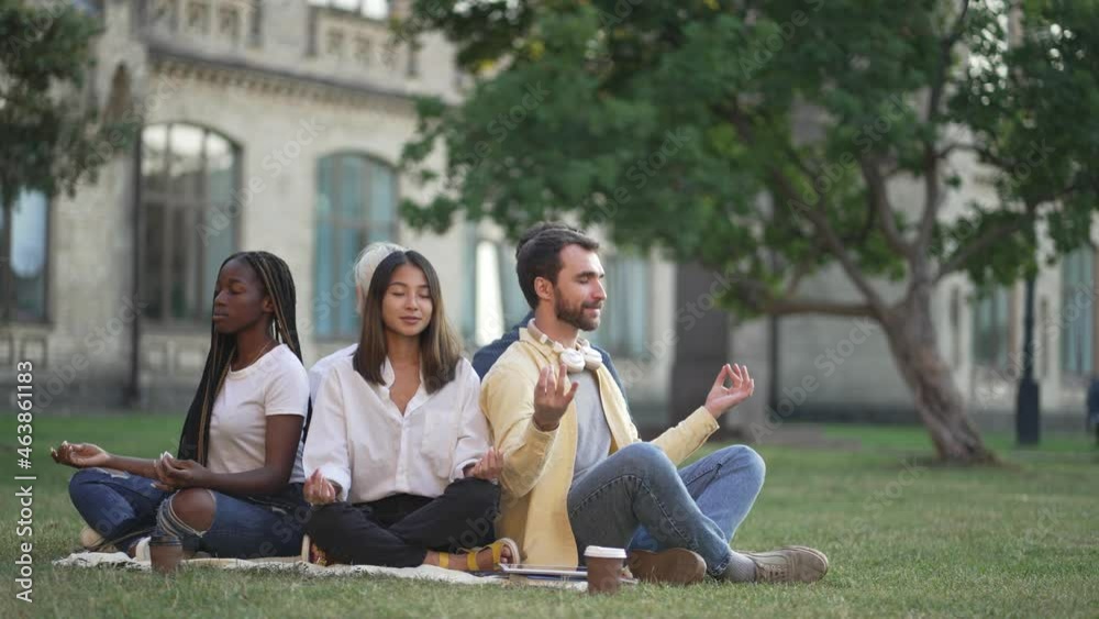 Multi-ethnic college mates practicing yoga meditation while sitting around back to back on green campus lawn. Group of multiracial classmates enjoying yoga exercise during free time after classes Multi-ethnic college mates practicing yoga meditation while sitting around back to back on green campus lawn. Group of multiracial classmates enjoying yoga exercise during free time after classes