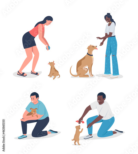 Owners playinh with pets semi flat color vector character set. Full body people on white. Adoption isolated modern cartoon style illustration for graphic design and animation collection