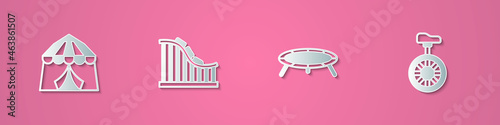 Set paper cut Circus tent, Roller coaster, Jumping trampoline and Unicycle or one wheel bicycle icon. Paper art style. Vector
