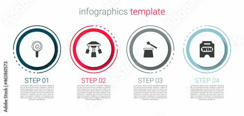 Set Lollipop, Attraction carousel, Magic hat and wand and Circus ticket. Business infographic template. Vector