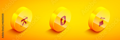 Set Isometric Circus tent, ticket and Magic hat and wand icon. Vector