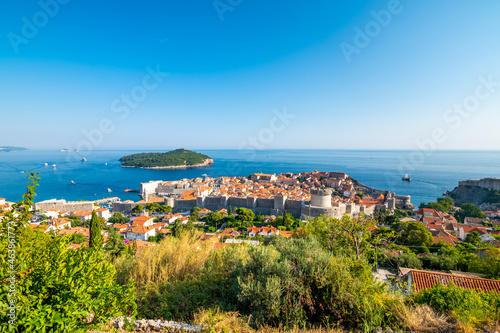 Panorama cityscape view of old town Dubronik. Famous ancient city with big city walls and beautiful architecture is great tourist destination in Croatia.Old city of Dubrovnik is part of UNESCO