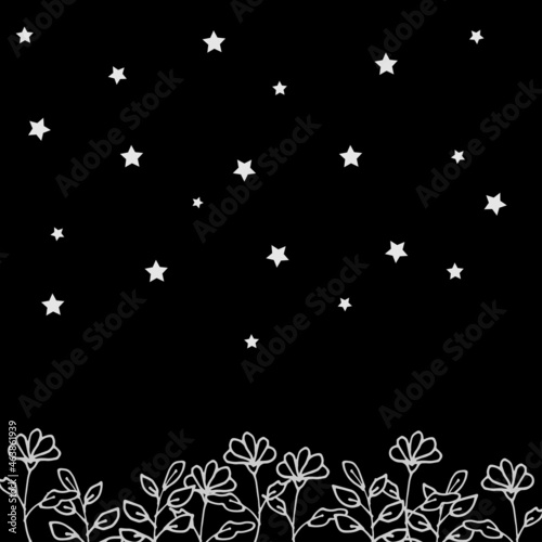 silhouette of flower with leaf and stars illustration on night background. white outline, hand drawn vector. repeat pattern. doodle art for wallpaper, poster, banner, greeting card, postcard, cover. 