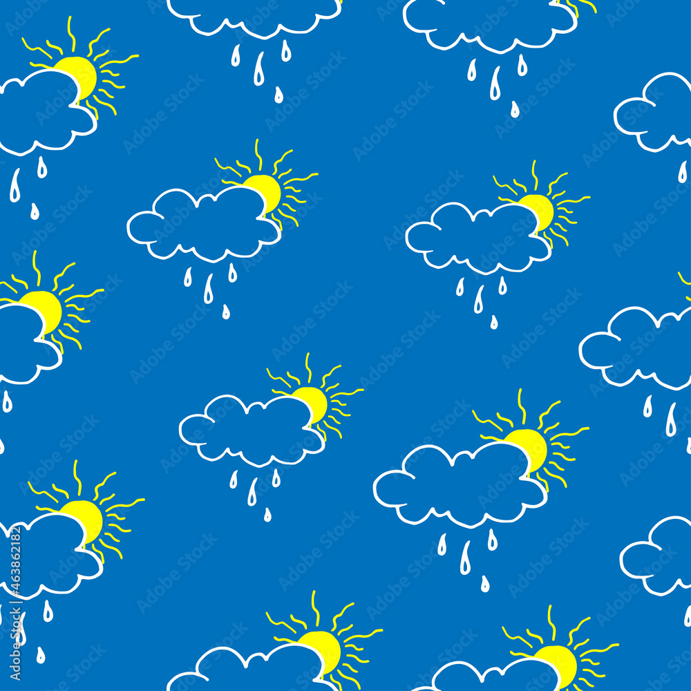 set of cloud with rain and yellow sun illustration isolated on blue background. seamless pattern, hand drawn vector. doodle art for kids, wallpaper, wrapping paper and gift, backdrop, baby clothes. 