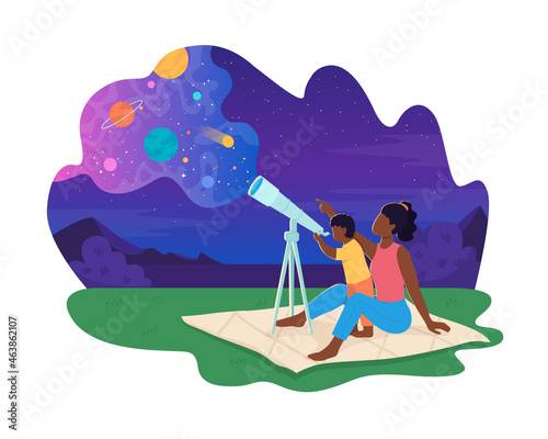 Space observation 2D vector isolated illustration. Parent with child stargaze. Family watching stars, planets flat characters on cartoon background. Discovering galaxy with telescope colourful scene