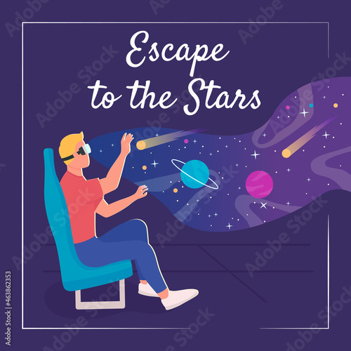Planetarium VR experience social media post mockup. Escape to stars phrase. Web banner design template. Explore space booster, content layout with inscription. Poster, print ads and flat illustration