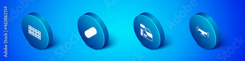 Set Isometric Skateboard wheel, Cinema camera, and icon. Vector