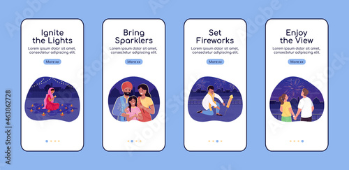 Diwali celebration onboarding mobile app screen flat vector template. Walkthrough website 4 steps with characters. Creative UX, UI, GUI smartphone cartoon interface, case prints set
