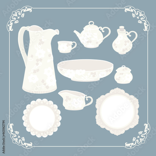 Vintage antique porcelain kitchenware set.
