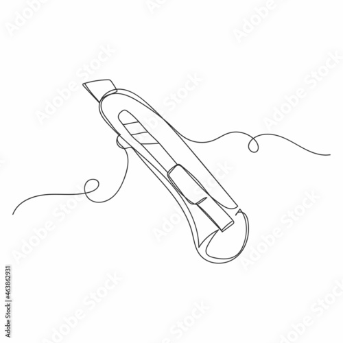 Vector continuous one single line drawing of side view of utility knife in silhouette on a white background. Linear stylized.