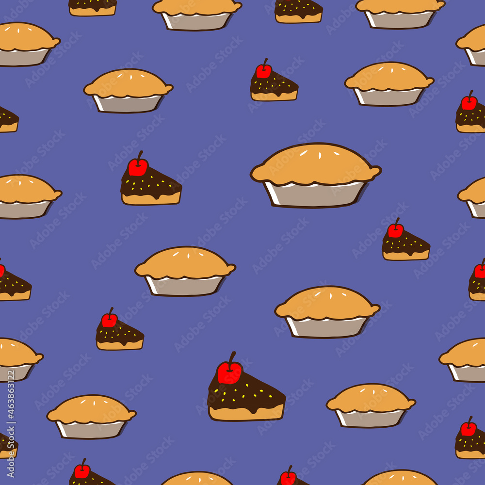 piece of sweet cake with chocolate jam and cherry fruits. a whole pie illustration on blue background. hand drawn vector, seamless pattern. doodle art for wallpaper, wrapping paper and gift, fabric. 