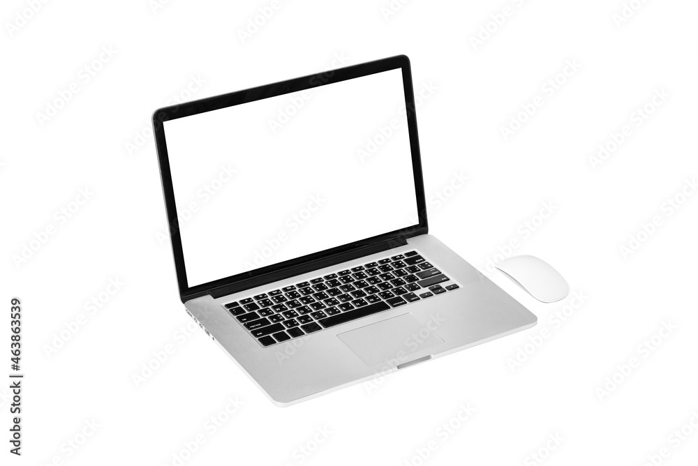 blank screen of Laptop or Notebook and mouse wireless isolated on white background. blank screen of Laptop or Notebook and mouse wireless isolated on white background.