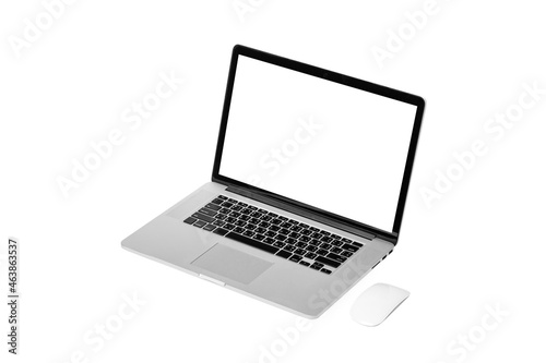 blank screen of Laptop or Notebook and mouse wireless isolated on white background.