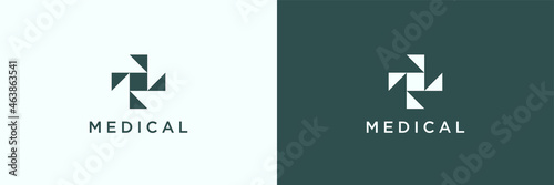 Healthcare Medical Logo. Tidewater Green Geometric Shape Cross Plus Sign Health Icon isolated on Double Background. Flat Vector Logo Design Template Element for Hospital and Pharmacy Logos.