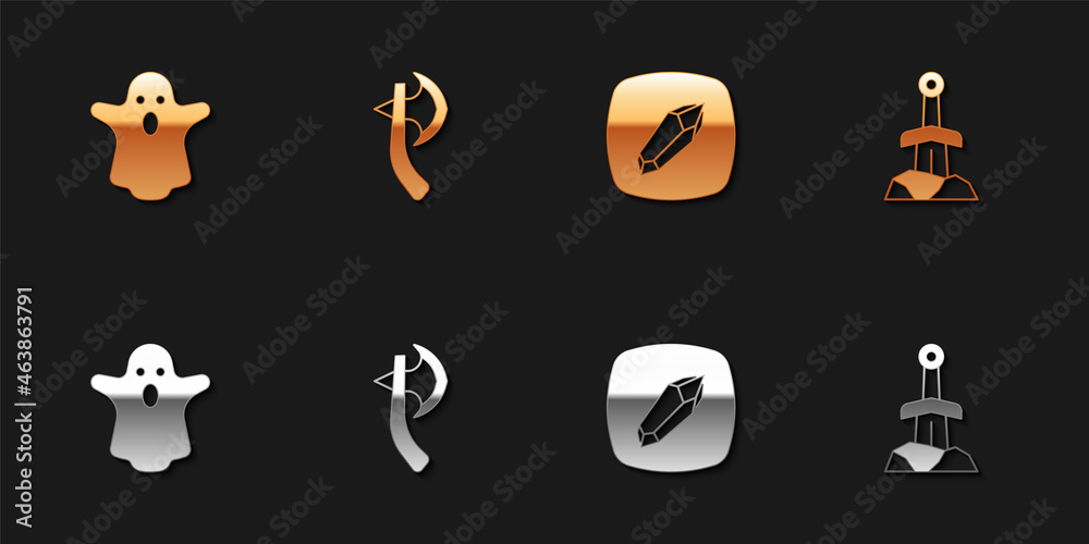 Set Ghost, Wooden axe, Magic stone and Sword in the icon. Vector