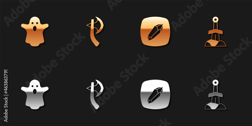 Set Ghost, Wooden axe, Magic stone and Sword in the icon. Vector