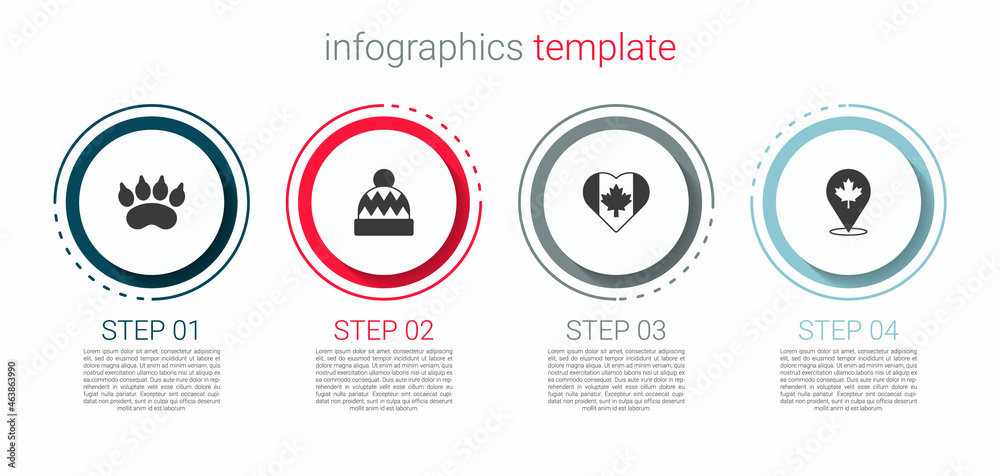 Set Bear paw footprint, Beanie hat, Heart shaped Canada flag and Canadian maple leaf. Business infographic template. Vector Set Bear paw footprint, Beanie hat, Heart shaped Canada flag and Canadian maple leaf. Business infographic template. Vector