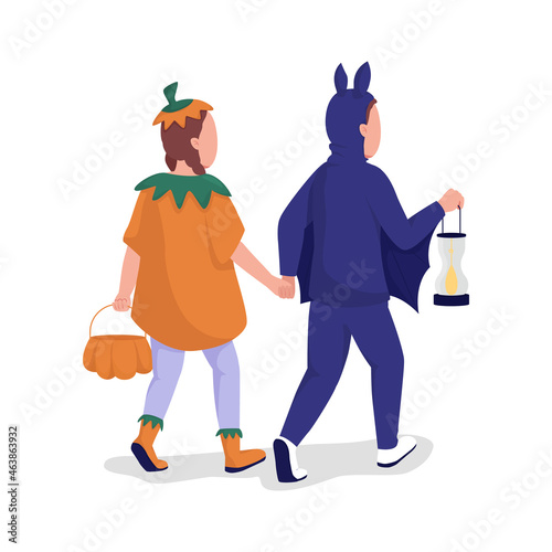 Children in Halloween costumes semi flat color vector characters. Full body people on white. Trick or treat isolated modern cartoon style illustration for graphic design and animation