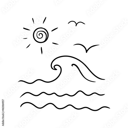 Sea with wave and sun. Flying seagulls. Drawing of a child. Doodle sketch isolated on white background. Hand drawn illustration