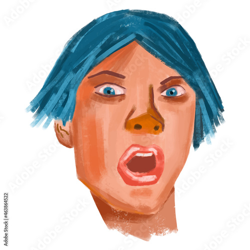 Impressed And Surprised boy portrait with open mouth and blue hair. Astonishment and irritation emotion concept. Colourful vector sketch in cartoon style