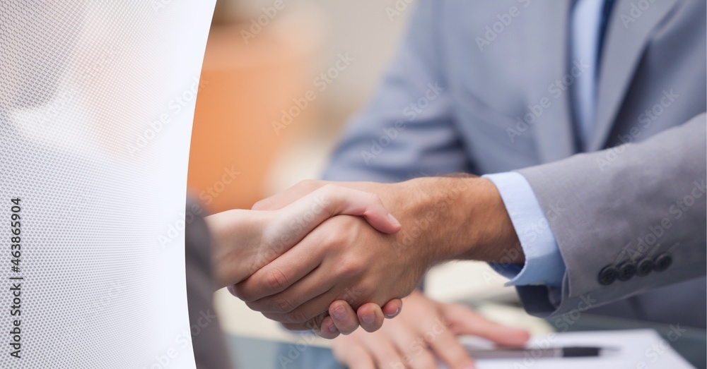 Composition of businessmen shaking hands with white mesh border Composition of businessmen shaking hands with white mesh border