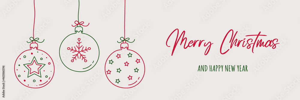 Xmas banner. Concept of hanging Christmas balls with hand drawn ...