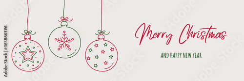 Xmas banner. Concept of hanging Christmas balls with hand drawn ornaments. Vector
