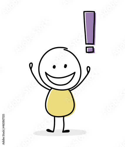 Concept of happy stickman with exclamation mark icon. Vector