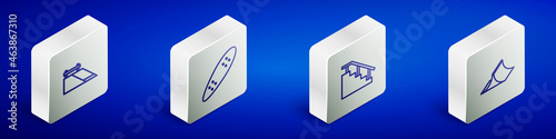 Set Isometric line Skate park, Longboard or skateboard, Skateboard stairs with rail and icon. Vector