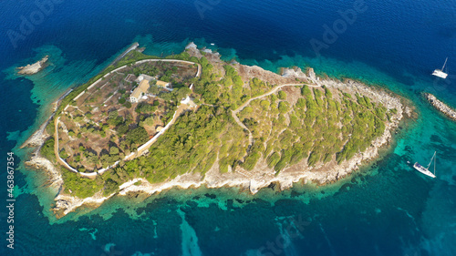 Aerial drone photo of iconic small island of Panagia next to safe harbor of Gaios, Paxos island, Ionian, Greece