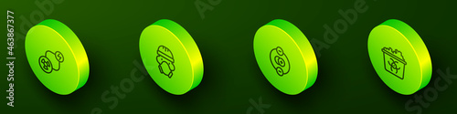 Set Isometric line Radioactive exchange energy, Nuclear reactor worker, Atom and Infectious waste icon. Vector