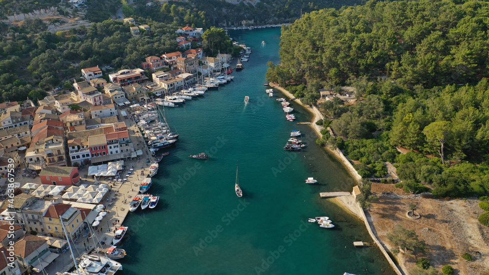Aerial drone photo of iconic port of Gaios a natural fjord bay ideal for safe anchorage in island of Paxos, Ionian, Greece Aerial drone photo of iconic port of Gaios a natural fjord bay ideal for safe anchorage in island of Paxos, Ionian, Greece
