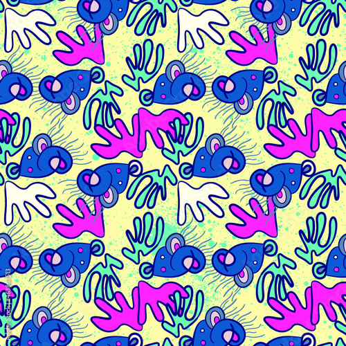 Unique abstract seamless pattern with cartoon psychedelic elements