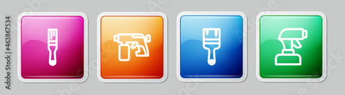 Set line Paint brush, spray gun, and . Colorful square button. Vector