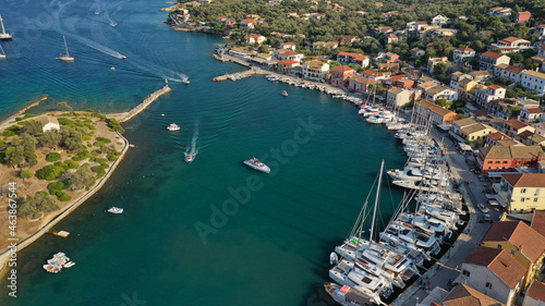 Fototapeta Naklejka Na Ścianę i Meble -  Aerial drone photo of iconic port of Gaios a natural fjord bay ideal for safe anchorage in island of Paxos, Ionian, Greece
