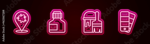 Set line Paint spray, Paint, gouache, jar, dye, bucket with brush and Color palette guide. Glowing neon icon. Vector