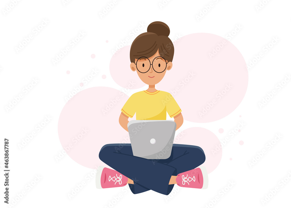 girl with computer. Online education at home. Girl with a laptop, freelancing
