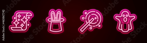 Set line Magic scroll, Magician hat and rabbit ears, wand and Ghost. Glowing neon icon. Vector