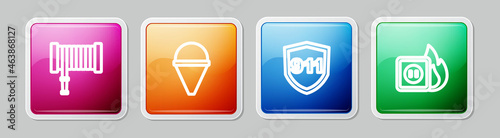 Set line Fire hose reel, cone bucket, Emergency call 911 and Electric wiring of socket in fire. Colorful square button. Vector